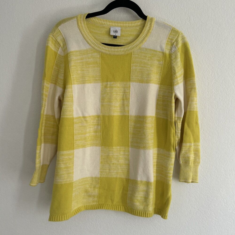 Cabi Sweater Yellow Checkerboard Cotton Blend 3/4 Sleeve Pullover Sz S